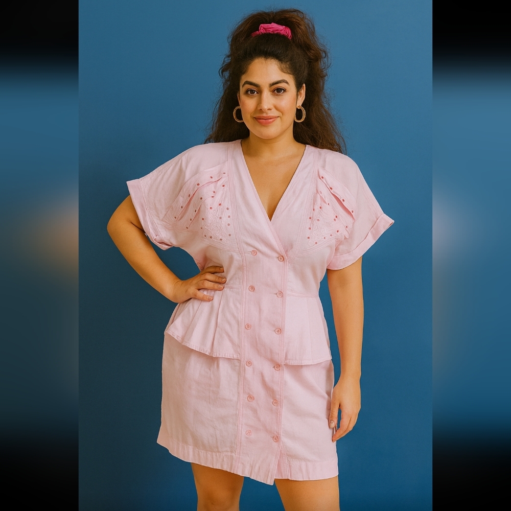 Vintage Algo-Ettes Light Pink Button-Up Dress with Embroidery. Womens 10. EUC